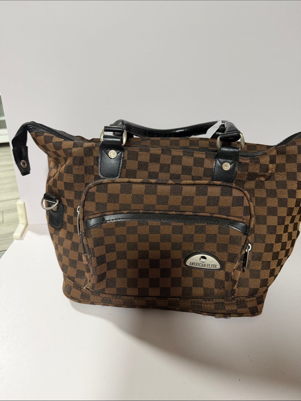American Flyer Brown Check Travel Tote Bag